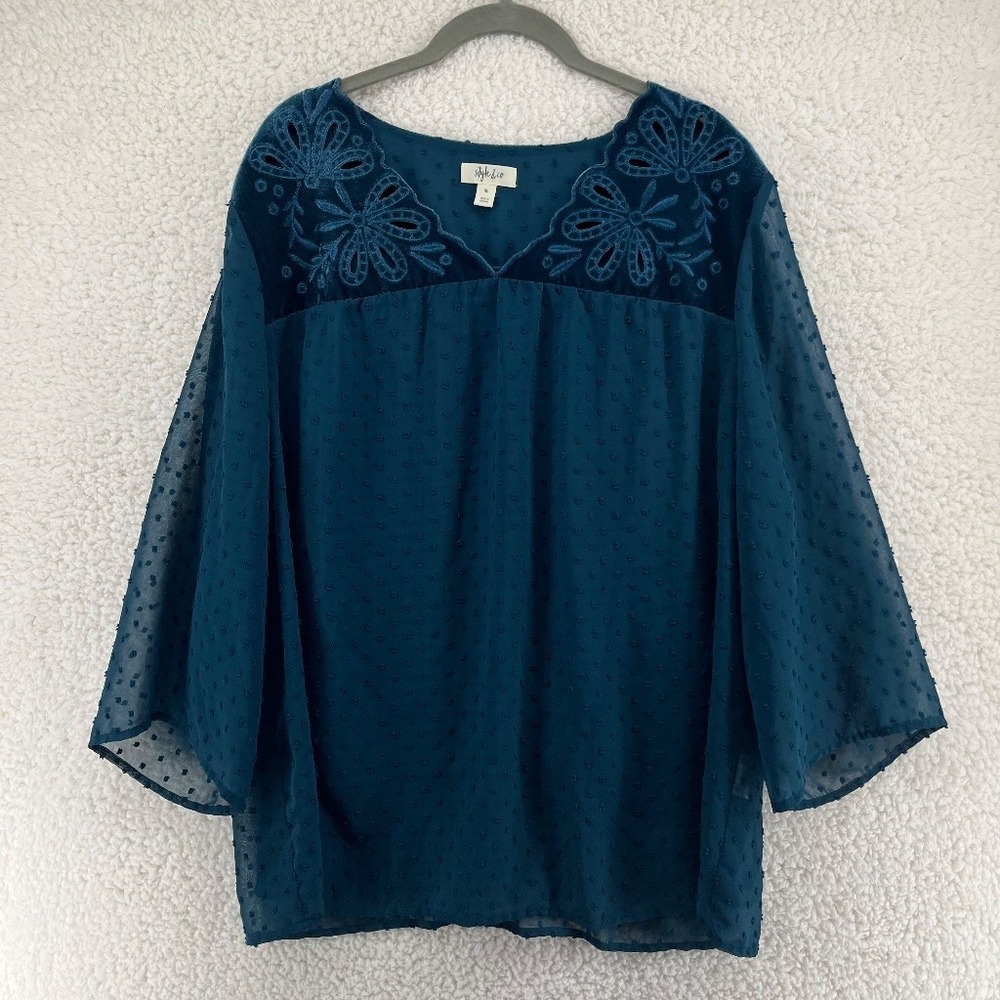 Style & Co XL Teal Swiss Dot Blouse Velvet Floral Embroidered Sheer Sleeve Top